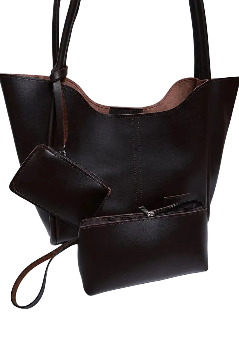 Brown SHK108 Faux Leather Women Hand and Shoulder Bag with Wallet and Makeup Bag